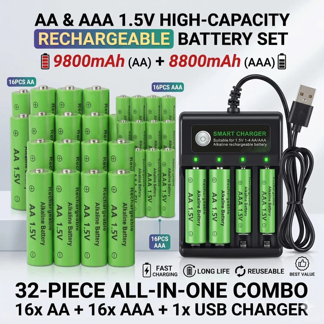 Batteria Alcalina Ricaricabile 1.5V AA 9800mAh AAA 8800mAh con Caricatore USB a 4 Slot per Fotocamera Digitale Videogiochi Rilevatore di Fumo