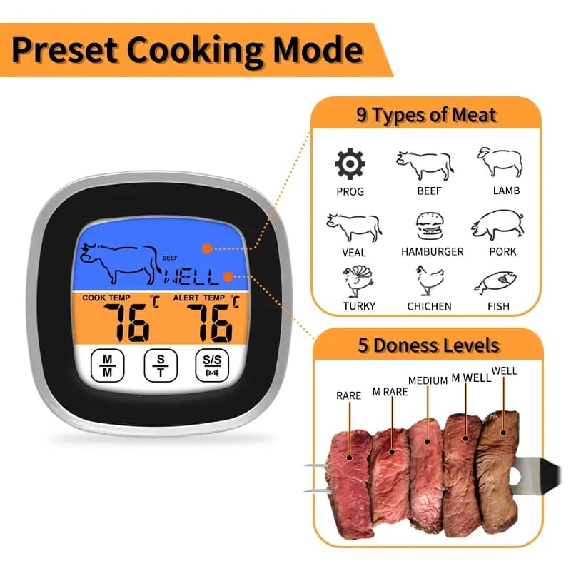 Termometro Digitale per Carne in Acciaio Inox, Impermeabile, con Sonda per BBQ, Forno e Cucina
