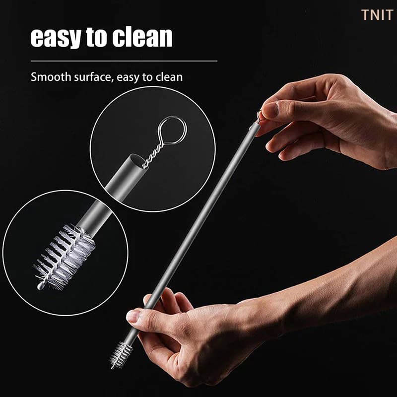 [J] Reusable Pure Titanium Straight/Bend Straws Sandblasted With Cleaning Brush For Medicine Milk Tea Beverages