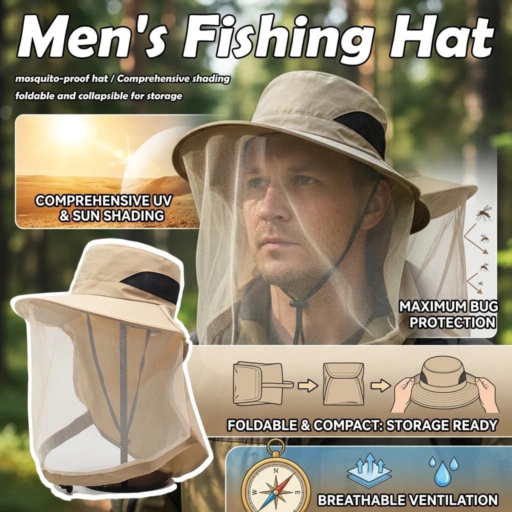 Cappello Anti-UV con Rete Anti-Zanzare, Cappello Sportivo Traspirante con Rete Completa per Pesca, Campeggio ed Escursionismo, Regolabile
