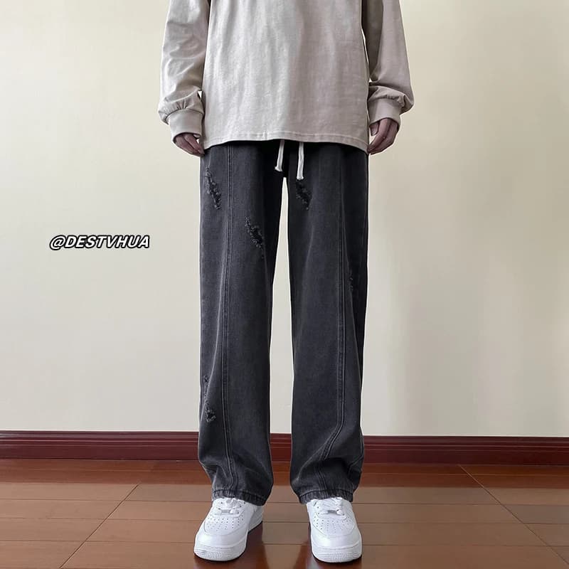 Jeans da Uomo a Gamba Dritta, Pantaloni Casual Larghi Stile Americano High Street, Nuovi Arrivi Primavera Autunno, Durevoli, di Marca alla Moda