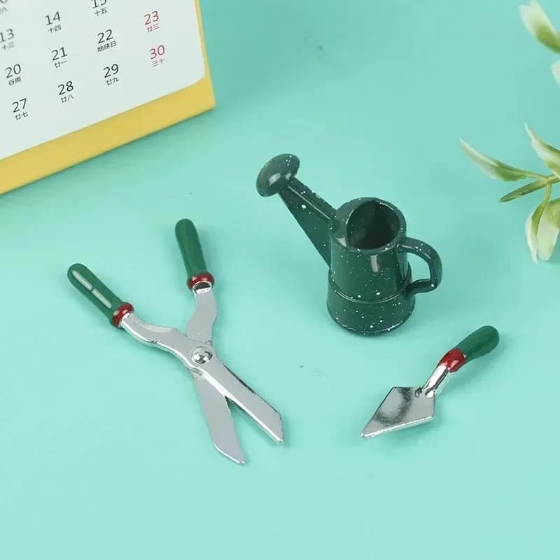 1:12 Scale Dollhouse Mini Metal Garden Tools, Tiny Watering Can Shovel Scissors, Miniature Gardening Ornaments