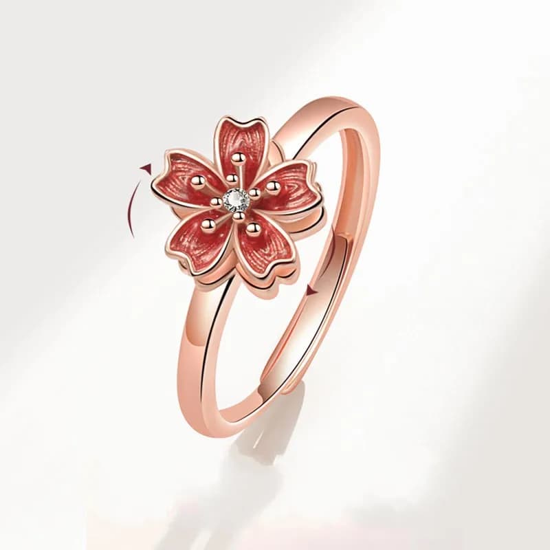 Anelli Antistress Rotanti a Forma di Fiore di Ciliegio per Donne, Anello Fidget Spinner con Cristalli, Gioielli da Fidanzamento