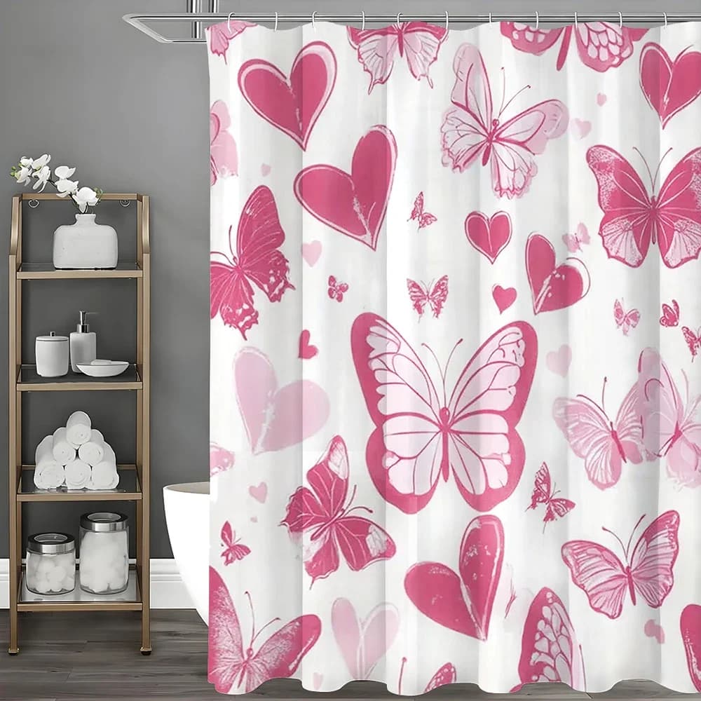 Tenda da doccia a forma di cuore con farfalla rosa di San Valentino, tenda da doccia decorativa per il bagno, tenda da doccia impermeabile con ganci