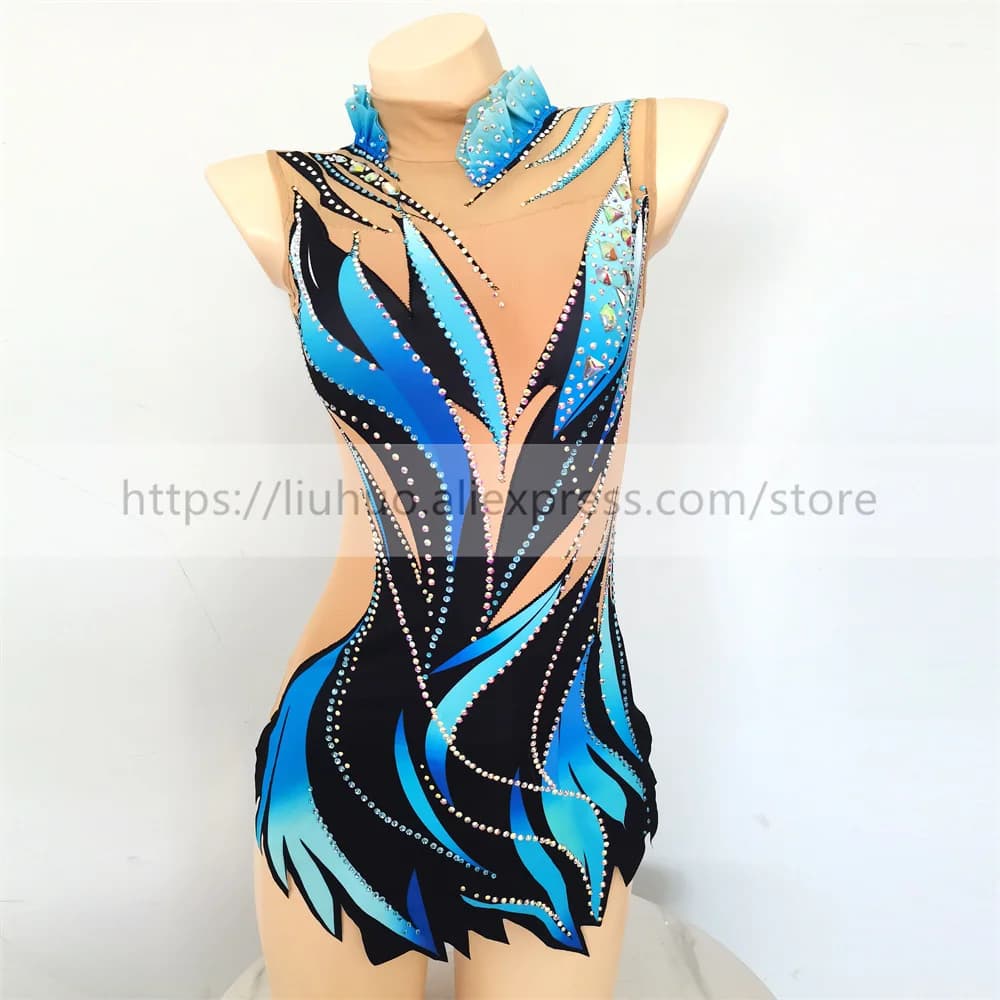 LIUHUO Body da ginnastica ritmica per donna Vestito da competizione per ragazze Vestito artistico Danza senza maniche Pattinaggio su ghiaccio Blu