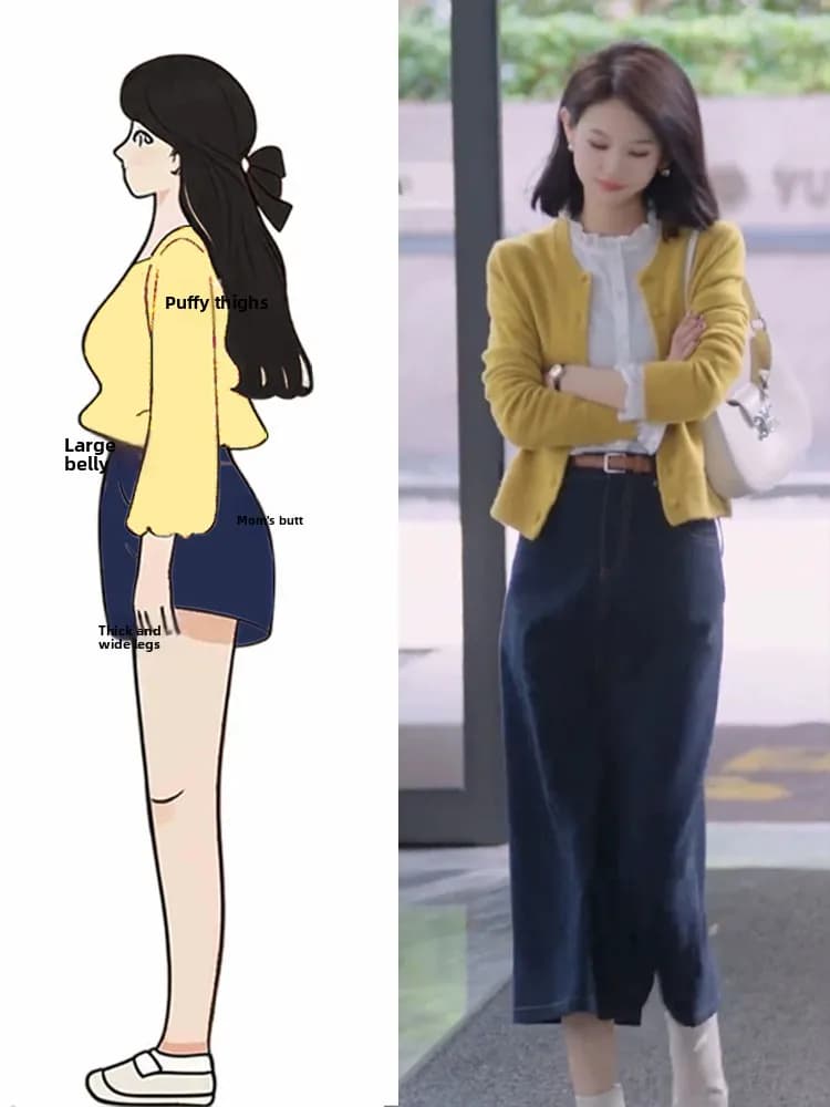 Korean Early Autumn Fashion Set Women's Pure Color Knitted Open Cardigan Underwear White Shirt High Waist Denim Skirt Three P...
