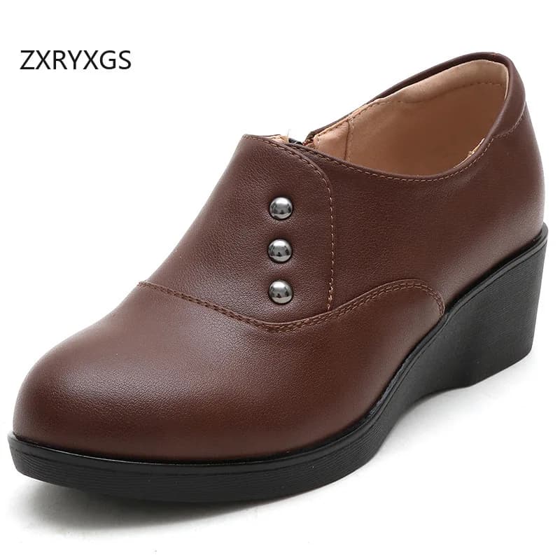 ZXRYXGS 2025 Autunno Nuova Moda Con Suola Morbida Zeppe antiscivolo Scarpe Tacchi Medi Comode Donne Eleganti Scarpe di Cuoio Genuini Marea