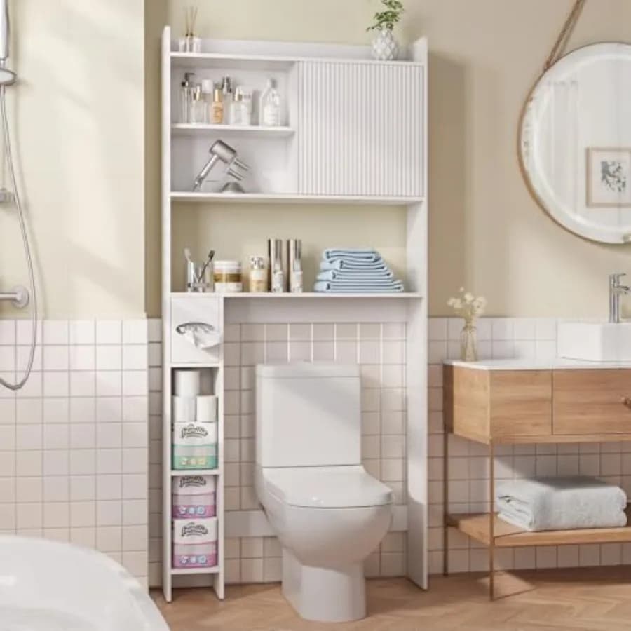 Mobiletto da bagno sopra il WC con anta scorrevole, 31,5 W, bianco, organizer da bagno con ripiani regolabili e porta carta igienica S