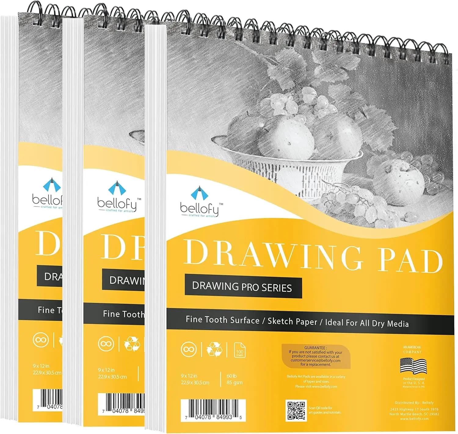 3-Pack Drawing Paper Pads 9x12 Inches 300 Sheets 60lbs 85gsm Acid Free Sketchbook with Top Spiral Binding for Dry Media