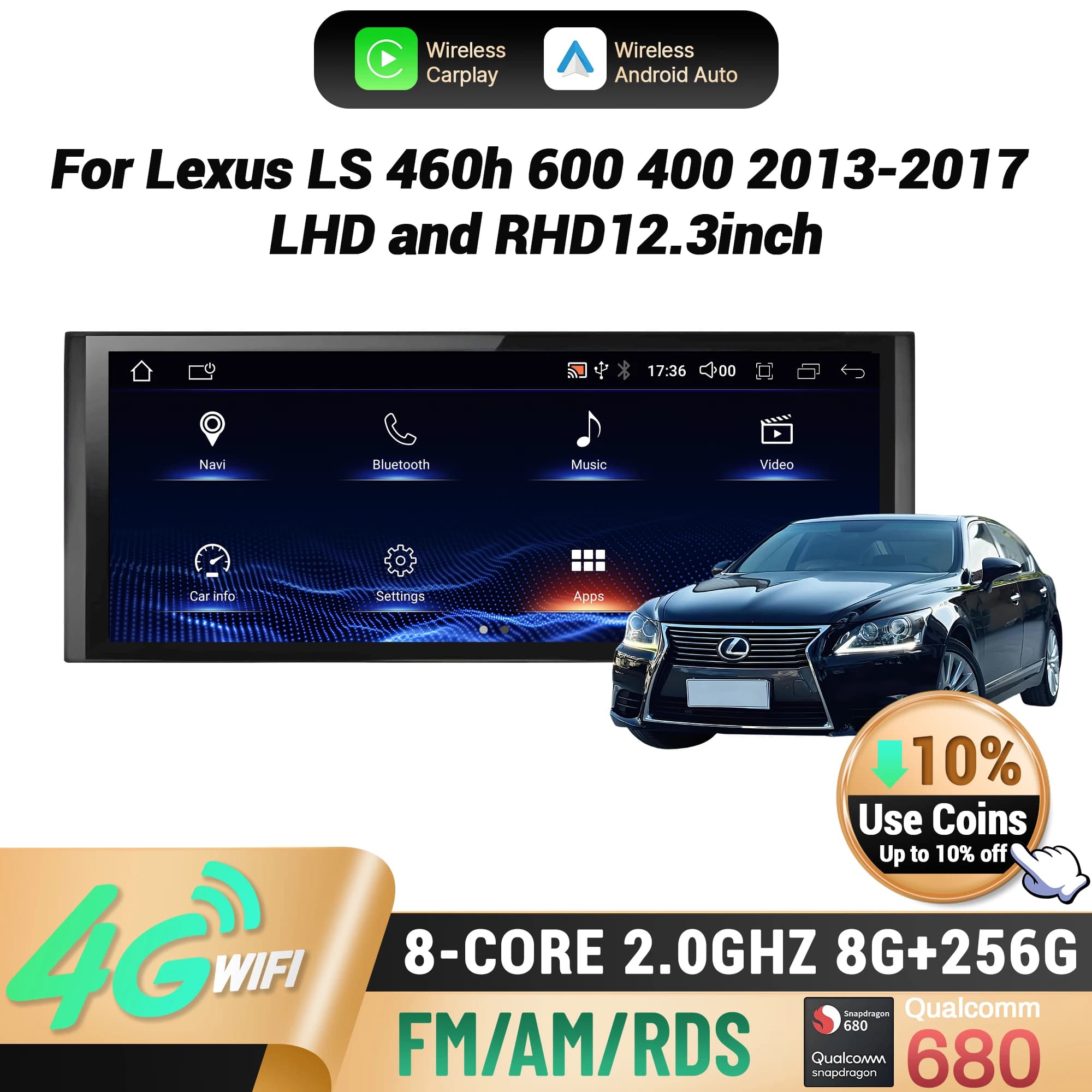 12.3"For Lexus LS 460h 600 400 2013-2017 LHD and RHD Car Radio Wireless CarPlay Multimedia Snapdragon 680 Screen