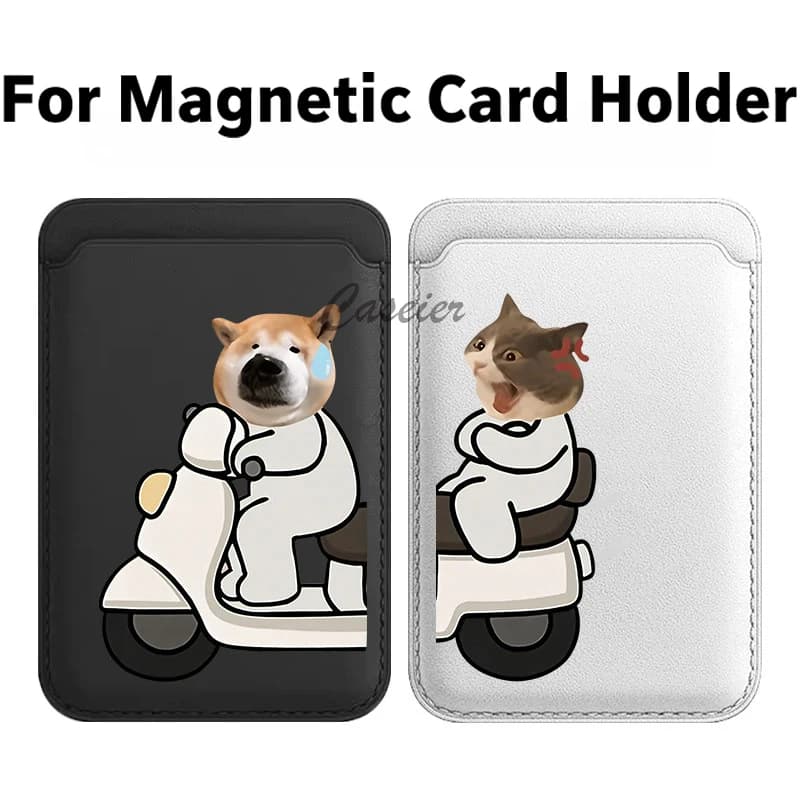 Magnetic Leather Wallet with Design Cat/Cane Bicycle for iPhone 17 16 15 Pro Max, Samsung Galaxy S25 S24 Ultra - Card Holder and Phone Accessories