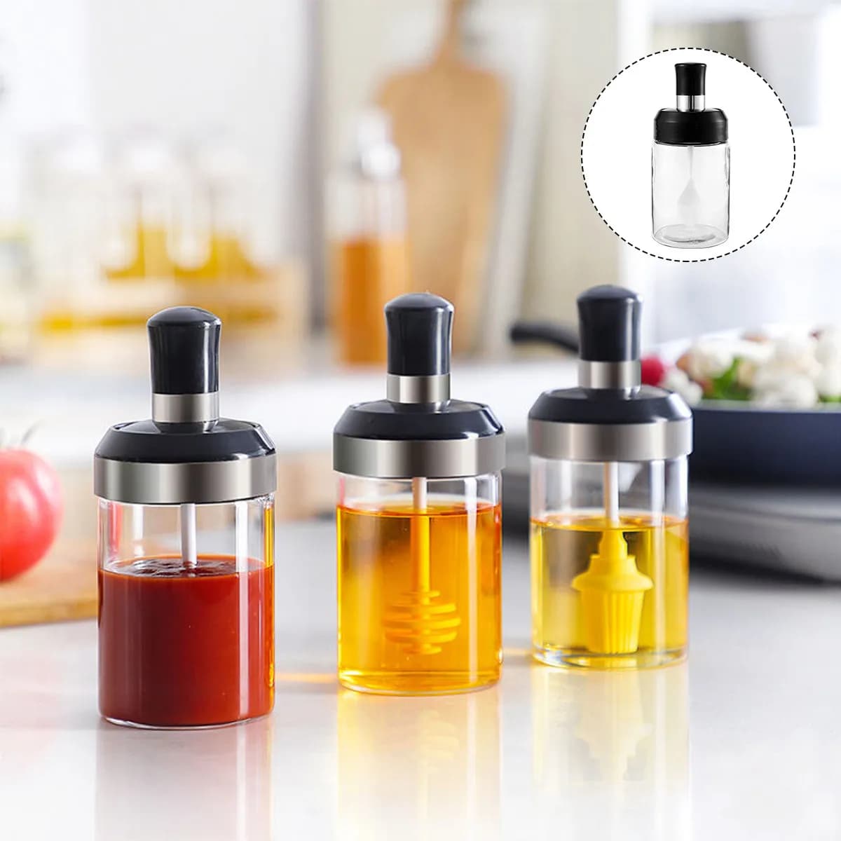 Set di 2 Contenitori per Spezie in Vetro, Bottiglie Sigillate per Olio con Cucchiaio per Cucina e Barbecue