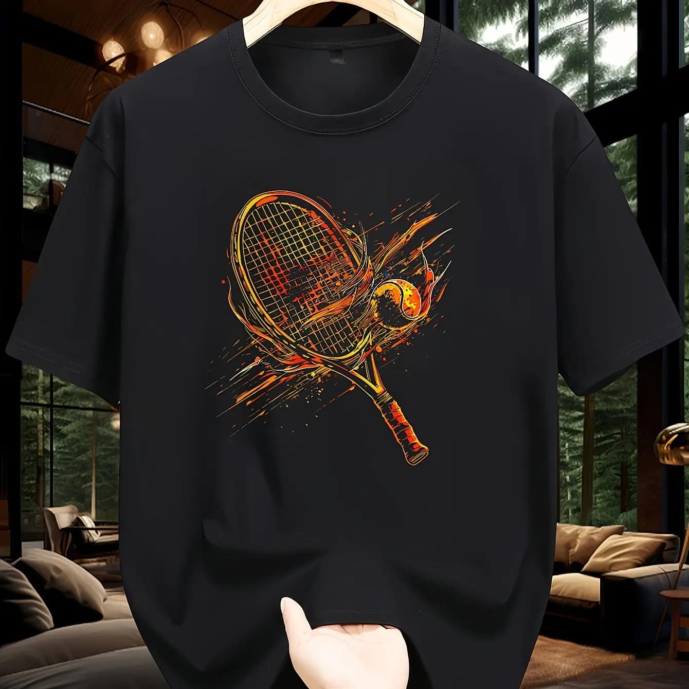 Men Short-sleeved T-shirt Regular Fit Printed with Tennis Racket Fashionable Casual Round-neck Top Summer Outdoor Men's Clothing