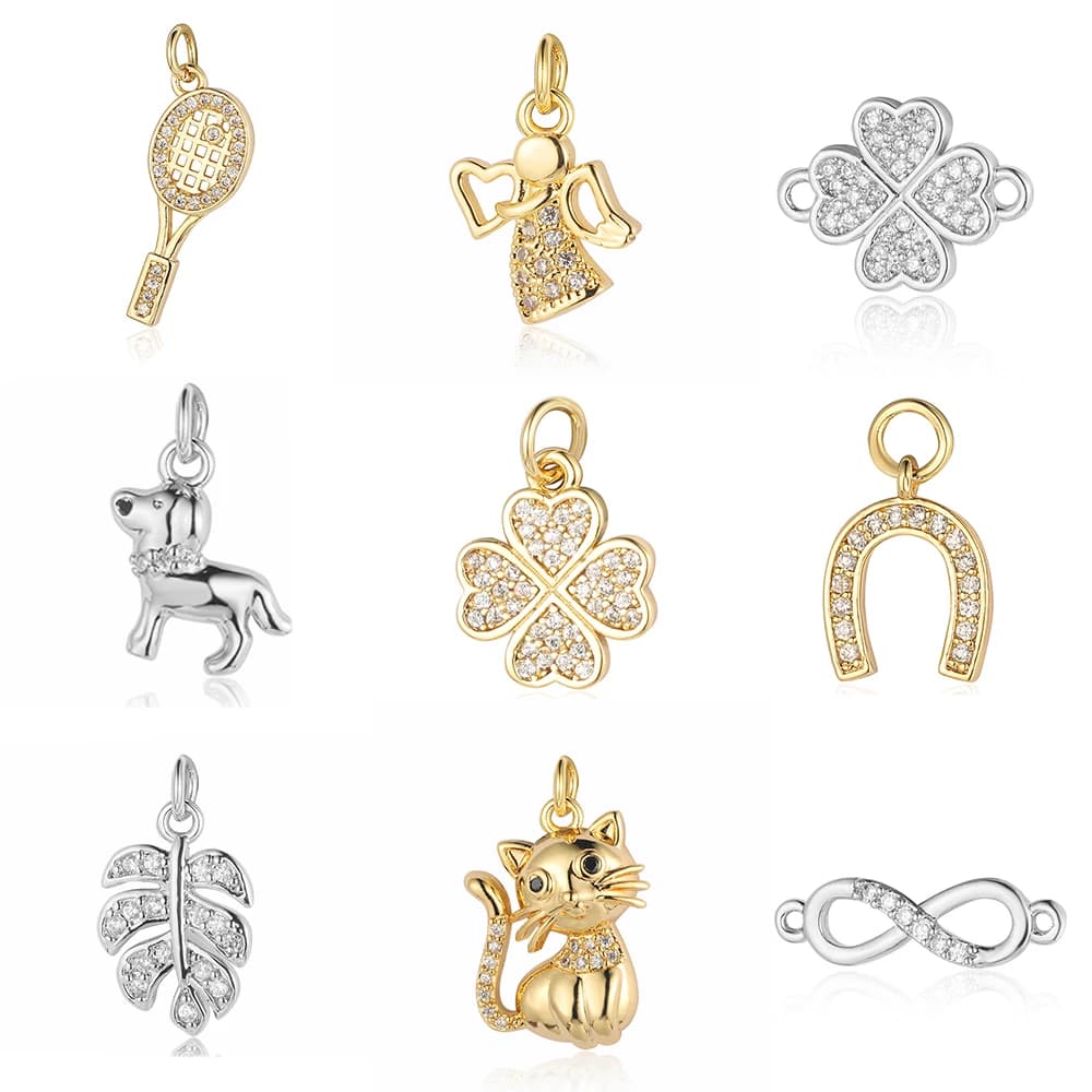 5 pz/lotto Ciondoli in Rame con Zirconia Cubica (CZ) a forma di Trifoglio, Infinito, Connettore a 8, Racchetta, Ferro di cavallo, Foglia, Gatto, Cane, Angelo per Gioielli Fai da Te da Donna