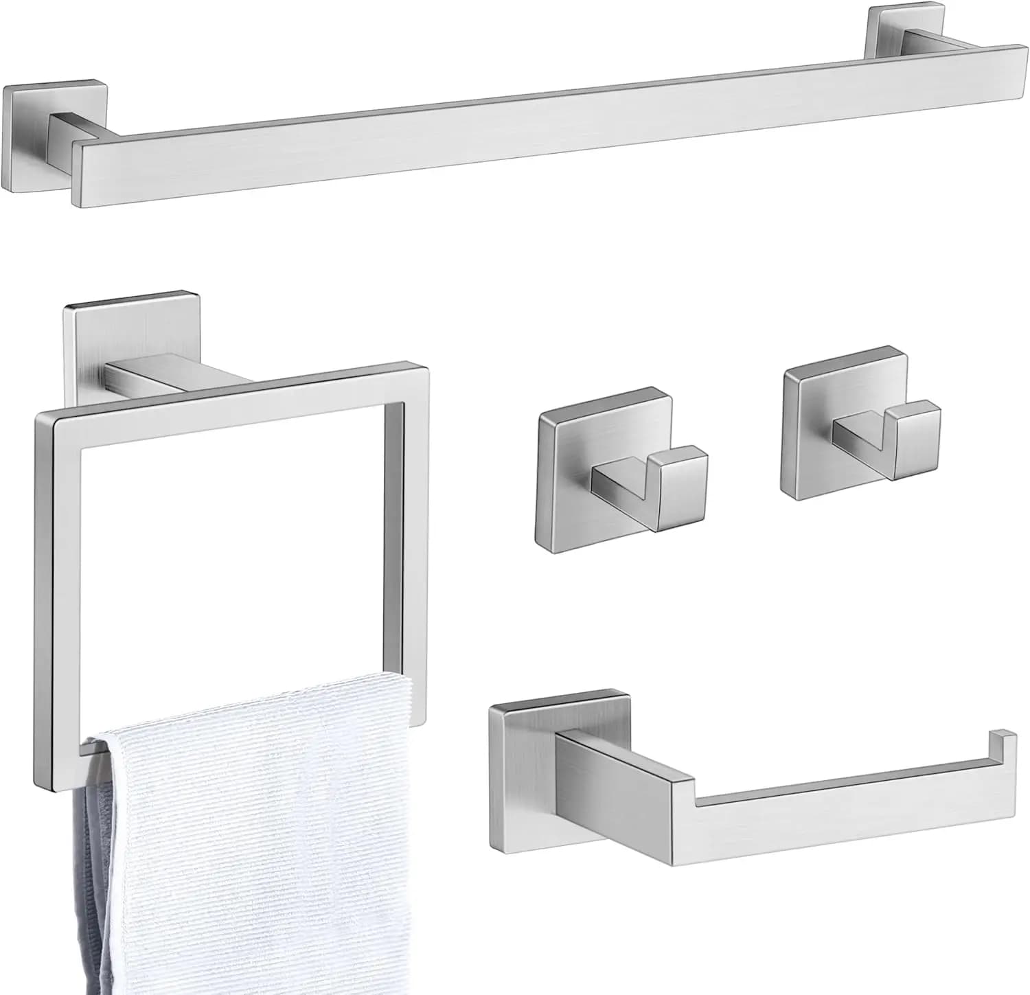 Set di accessori da bagno in nichel spazzolato da 23,5 pollici, 5 pezzi, portasciugamani, porta carta igienica, anello e ganci