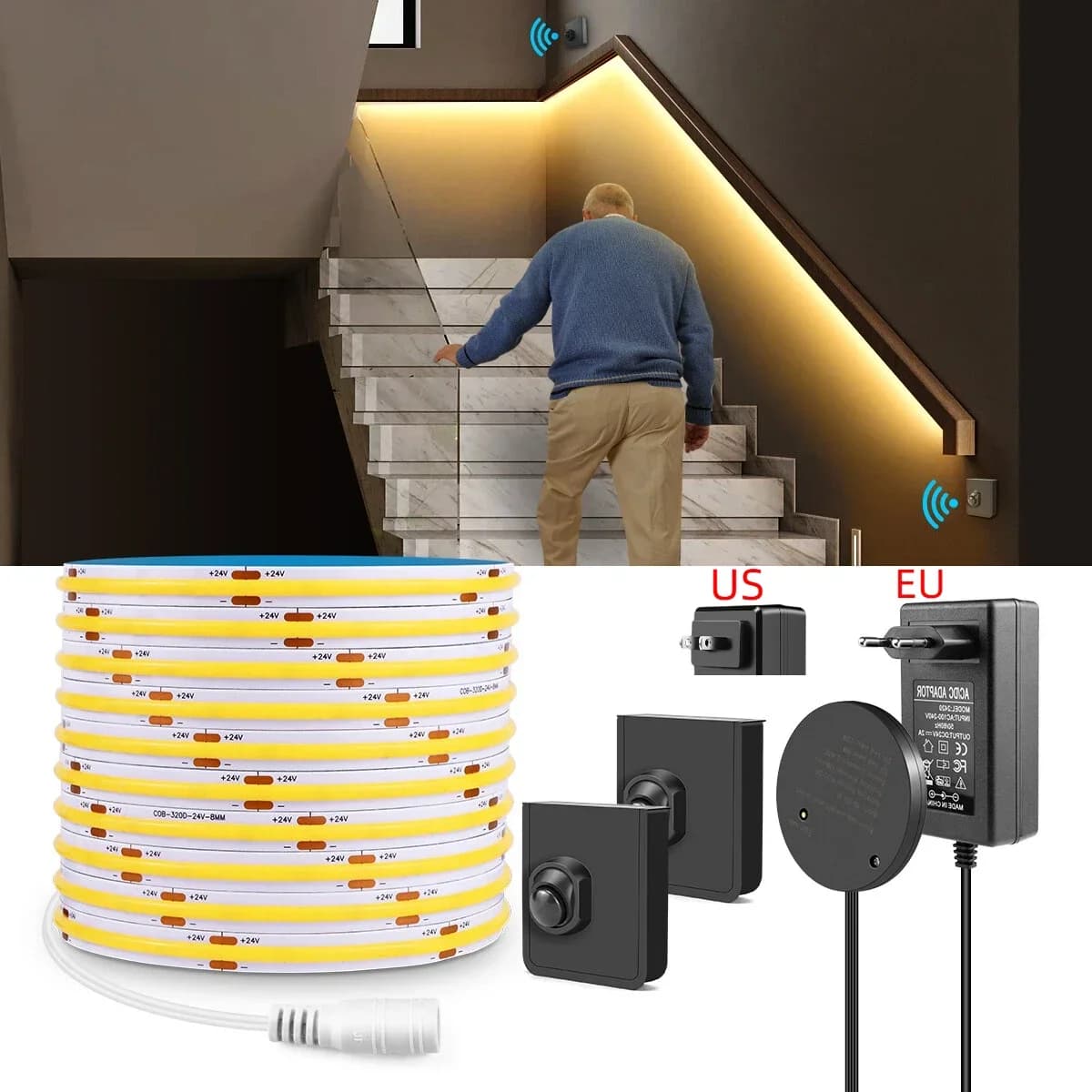 Dual Wireless Moveable PIR Motion Sensors 10M 5M COB Strip Light Set DC24V 320LEDs/M High Bright For Bedroom Corridor Stairs