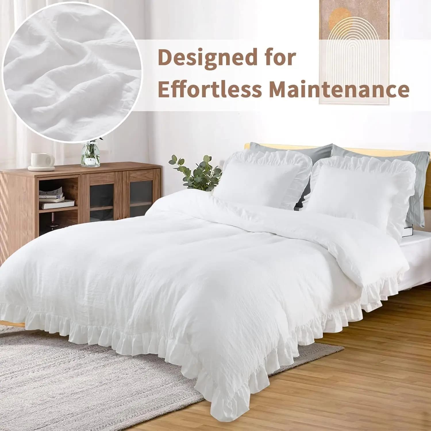 White Ruffled Duvet Cover Set – Queen Size, 3-Piece, Soft Washed Microfiber, Vintage French Country Style, Solid & Lightweight All-Season Bedding, 90"x90" (1 Duvet Cover + 2 Pillow Shams)