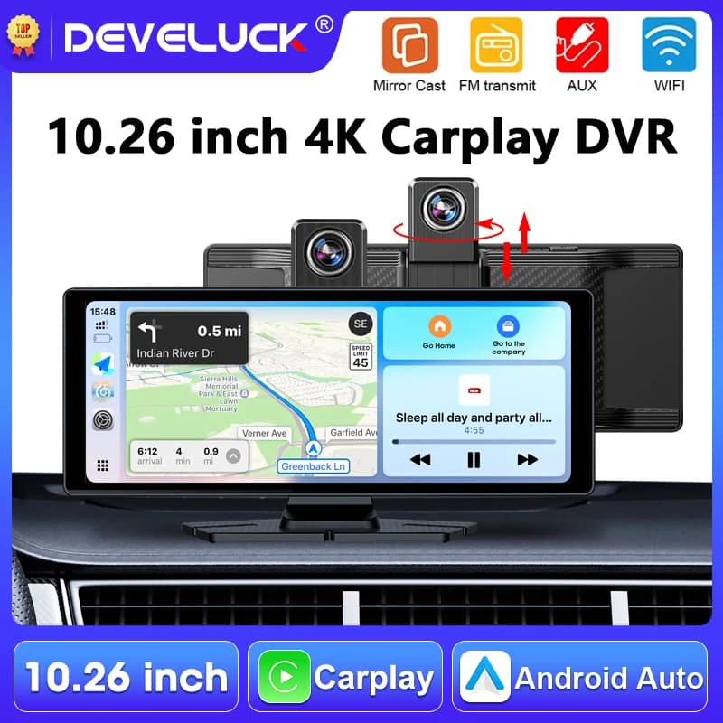 Dash Cam 4K from 10,26 Inches with 360 Degree Vision Video Recorder for Auto with Rotating Camera, Carplay, Android Auto, Bluetooth 5.0, GPS and Navigation