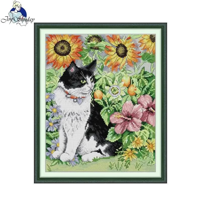 Joy Sunday Gatto in fiore Modello animale Kit punto croce contato Filo da ricamo DMC Set da cucito in tessuto stampato 14/16/11CT
