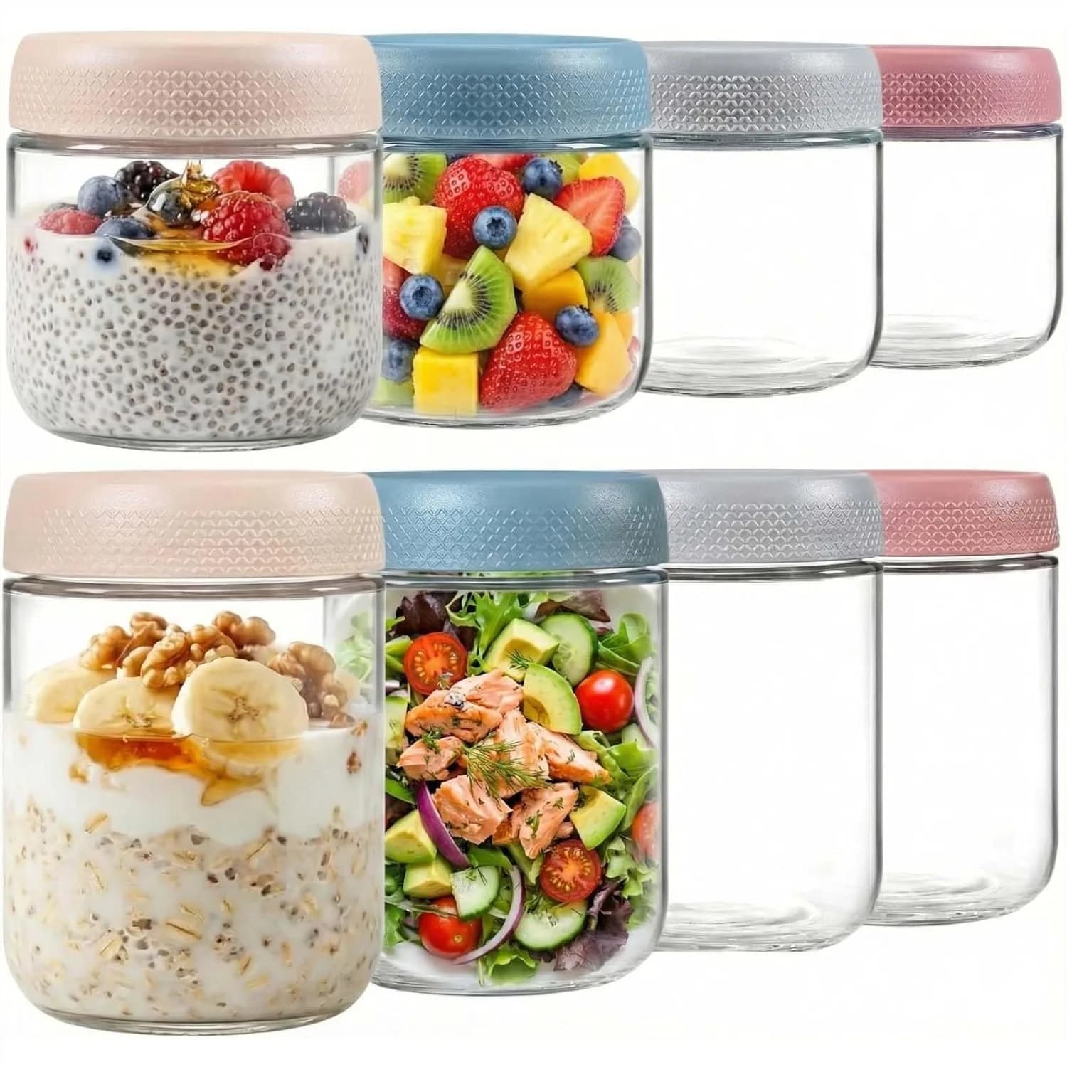 Set di 8 Contenitori per Overnight Oats con Coperchi Ermetici, Barattoli Impilabili per Preparazione Pasti, Contenitori in Vetro a Bocca Larga per Alimenti 16oz