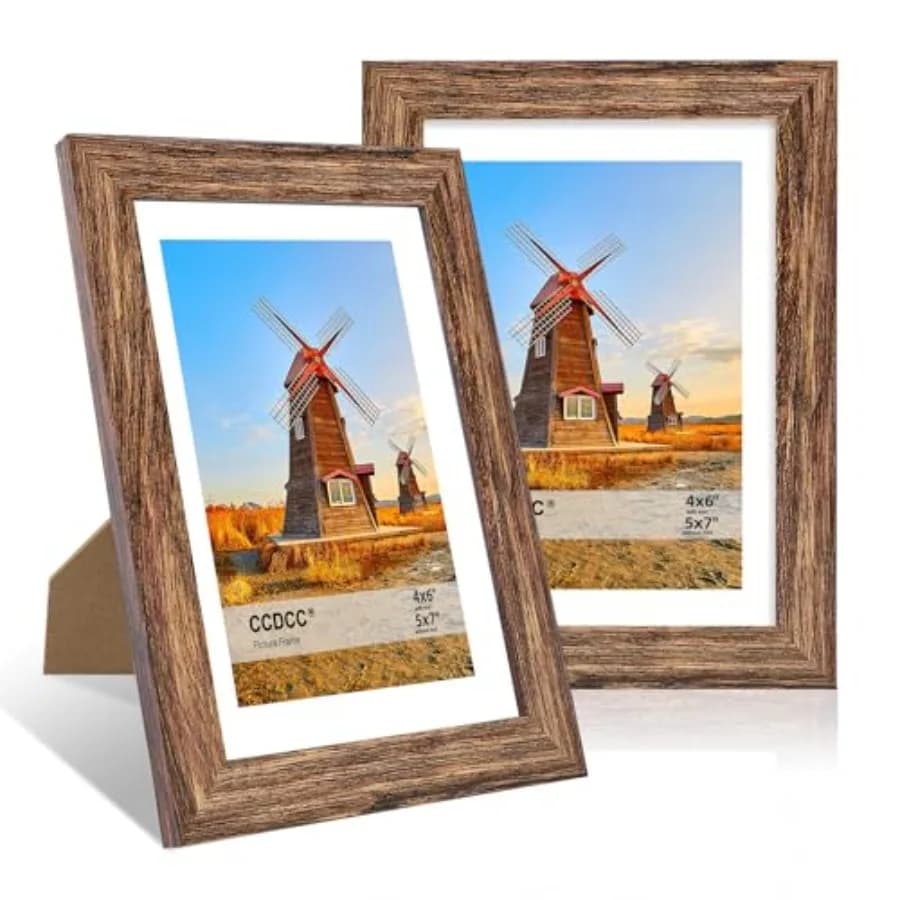 Set di 2 Cornici per Foto 5x7, Cornici in Legno 5x7 con Passepartout per 4x6, Cornice in Legno Naturale con Vetro Reale per Parete e Tavolo