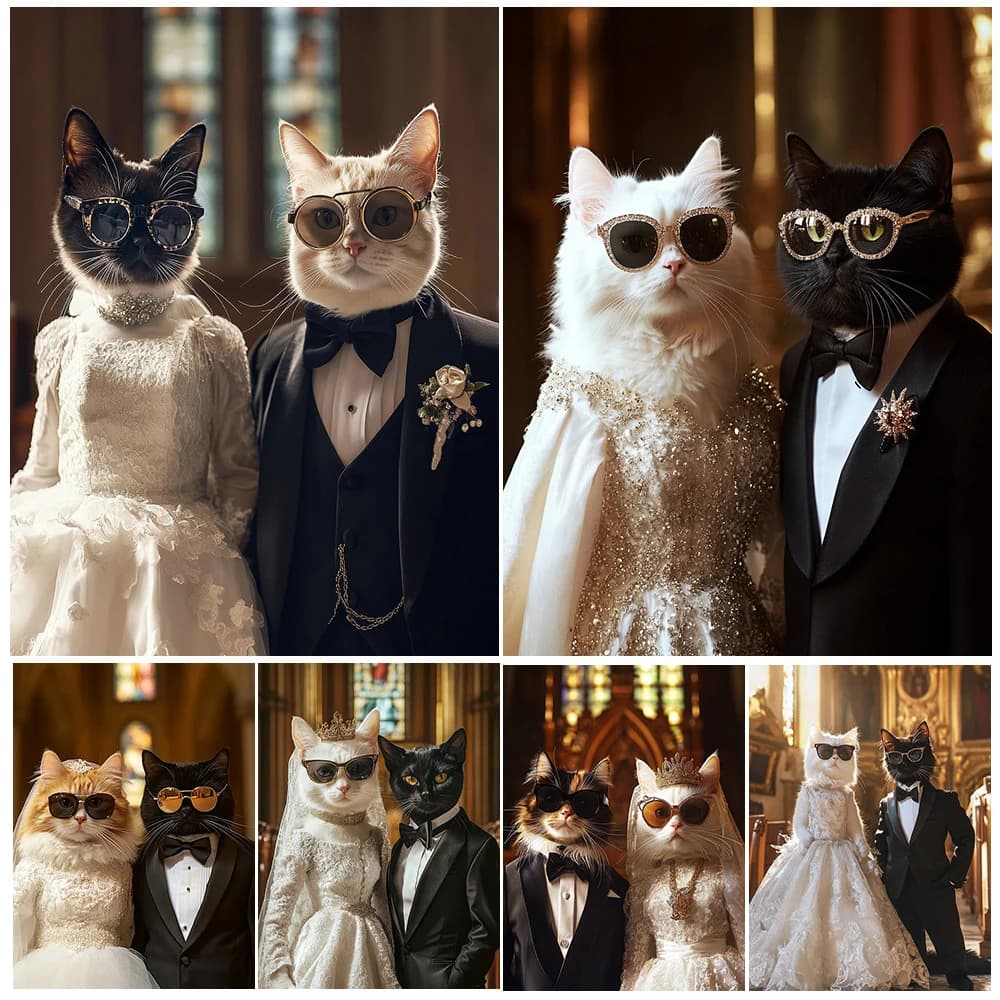Matrimonio Gatto Coppia Wall Art Canvas Painting Elegante sposa Sposo Pet Canvas Poster Simpatico animale Decor per la decorazione domestica Senza cornice