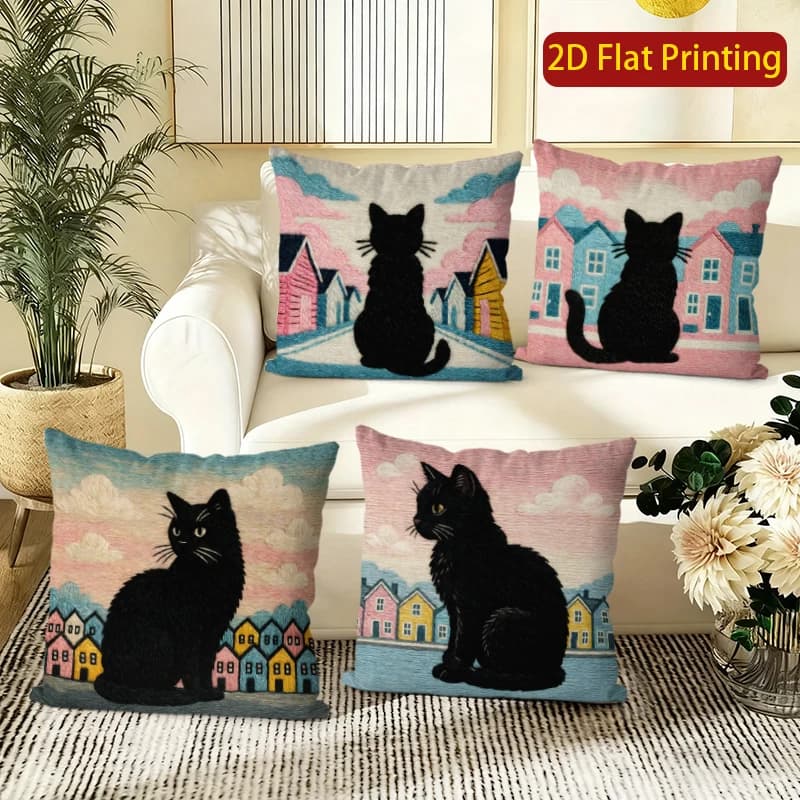 Fodere per cuscini vintage con motivo gatto nero e paesaggio urbano, adatte per divano, camera da letto, auto