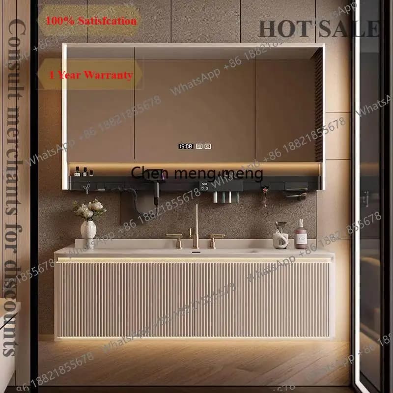 L178 Oak Furniture Bathroom Cabinet with Washbasin Creamy Style Light Luxury Rock Combination Mirror Included Solid Wood