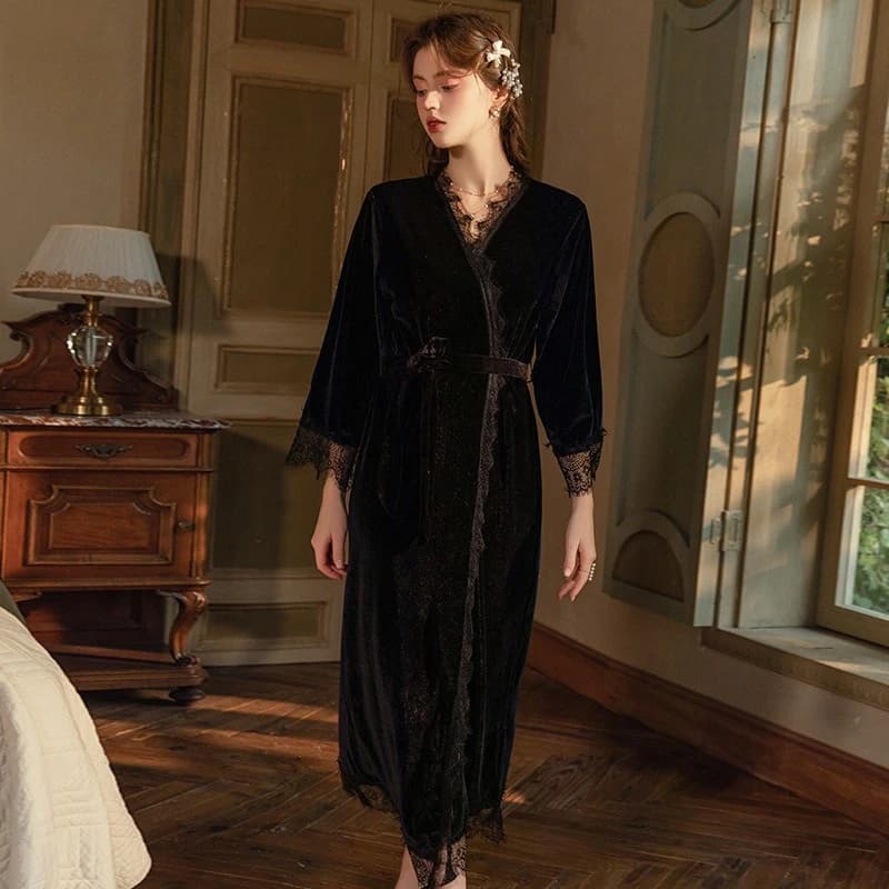 Vestaglia da Donna in Velluto con Pizzo, Kimono con Cintura, Abbigliamento da Notte, Vestaglia Primaverile e Autunnale, Abito da Casa, Loungewear