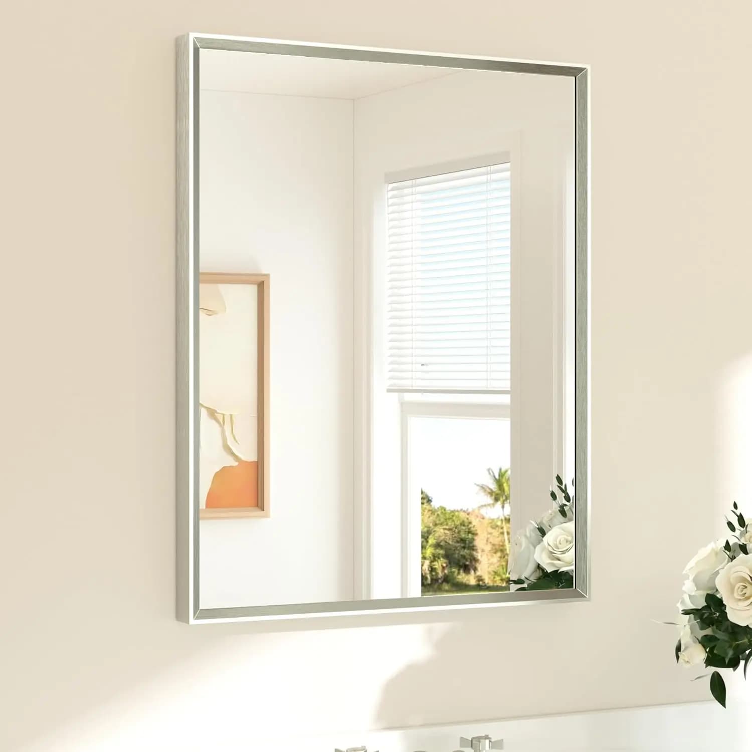 Specchio rettangolare bisellato da 24 x 30 pollici, cornice in nichel spazzolato, vetro temperato per mobile da bagno sopra il lavabo