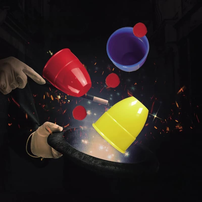 1 set di magia deluxe tre tazze e palline trucchi magici primo piano oggetti di scena magici mago magia giocattoli per bambini