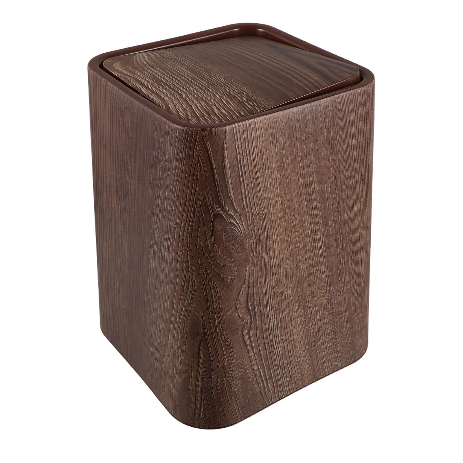 Imitation Wood Trash Can Rectangle Brown Bathroom Trash Bin Diaper Waste Basket Swing Top Lid Office Bedroom Bathroom Dustbin