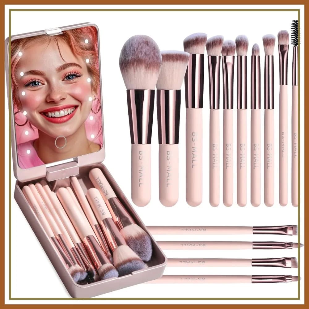 Set di 14 mini pennelli per trucco con specchio LED, pennelli per fondotinta, correttore e ombretto (APINK)