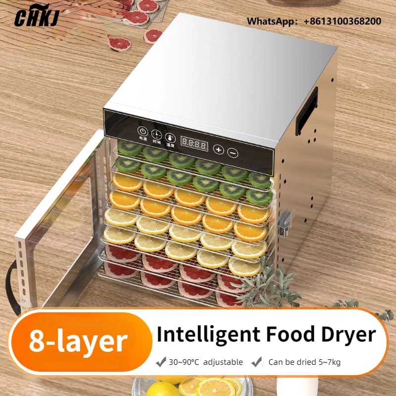 Essiccatore a 8 strati per frutta, uso commerciale e domestico, con porta intelligente touch e luce LED per il controllo visivo degli alimenti, disidratatore.