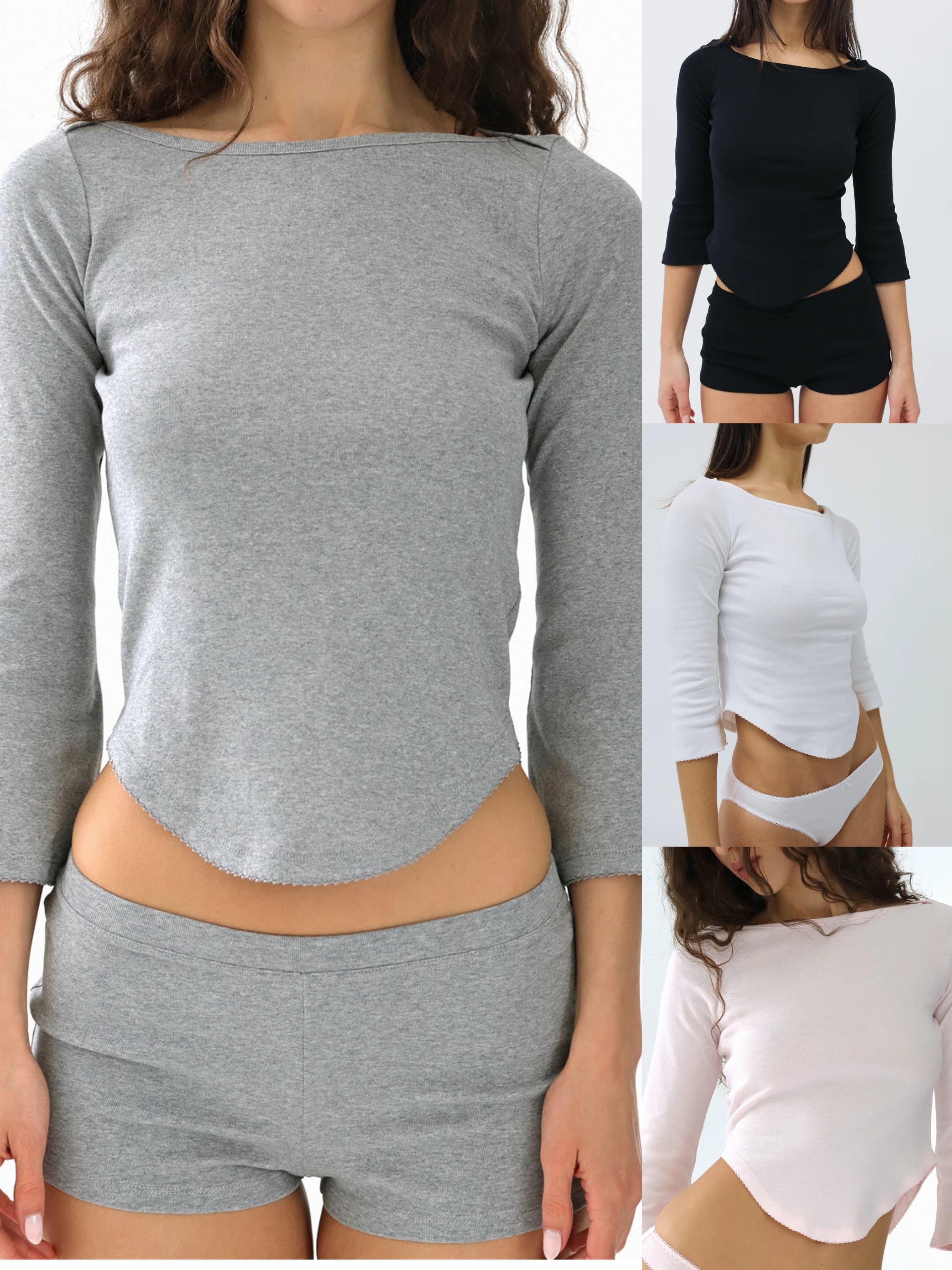 Maglietta a maniche lunghe rosa con scollo rotondo e maniche a tre quarti, top grigio con orlo a V, top bianco casual e alla moda, top nero con design in pizzo
