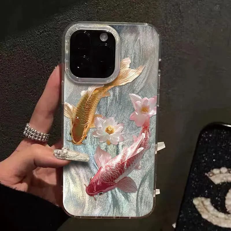 Koi pattern feather gauze phone case suitable for iPhone 17 16 15 14 13 12 11 Pro/Max/Plus anti drop and shockproof back cover