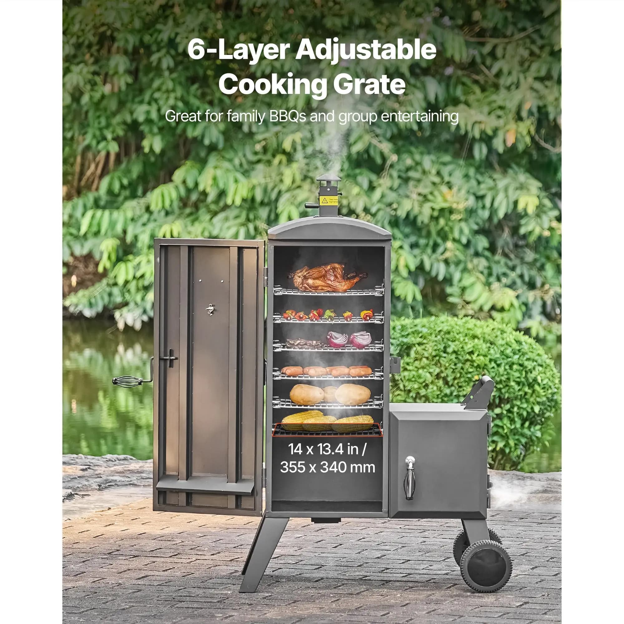 Carbone Offset Smoker, Stainless Steel Offset Smoker with Side Brackets, Exterior Movers Furniture with 6 Adjustable Grills, Thermometer and Air Grips for Kitchen in Garden, Patio or Party
