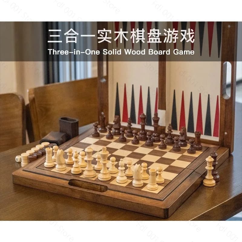 Premium Solid Wood 3in1 Chess Set - Backgammon/Checkers 3-in-1 Board Game For Home Travel Family