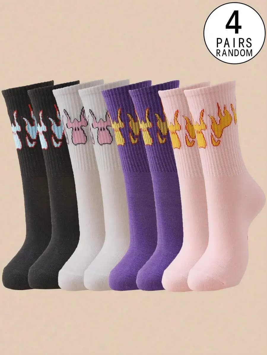 Flame Print Retro Street Hip Hop Crew Socks For Adults 4 Pairs Random