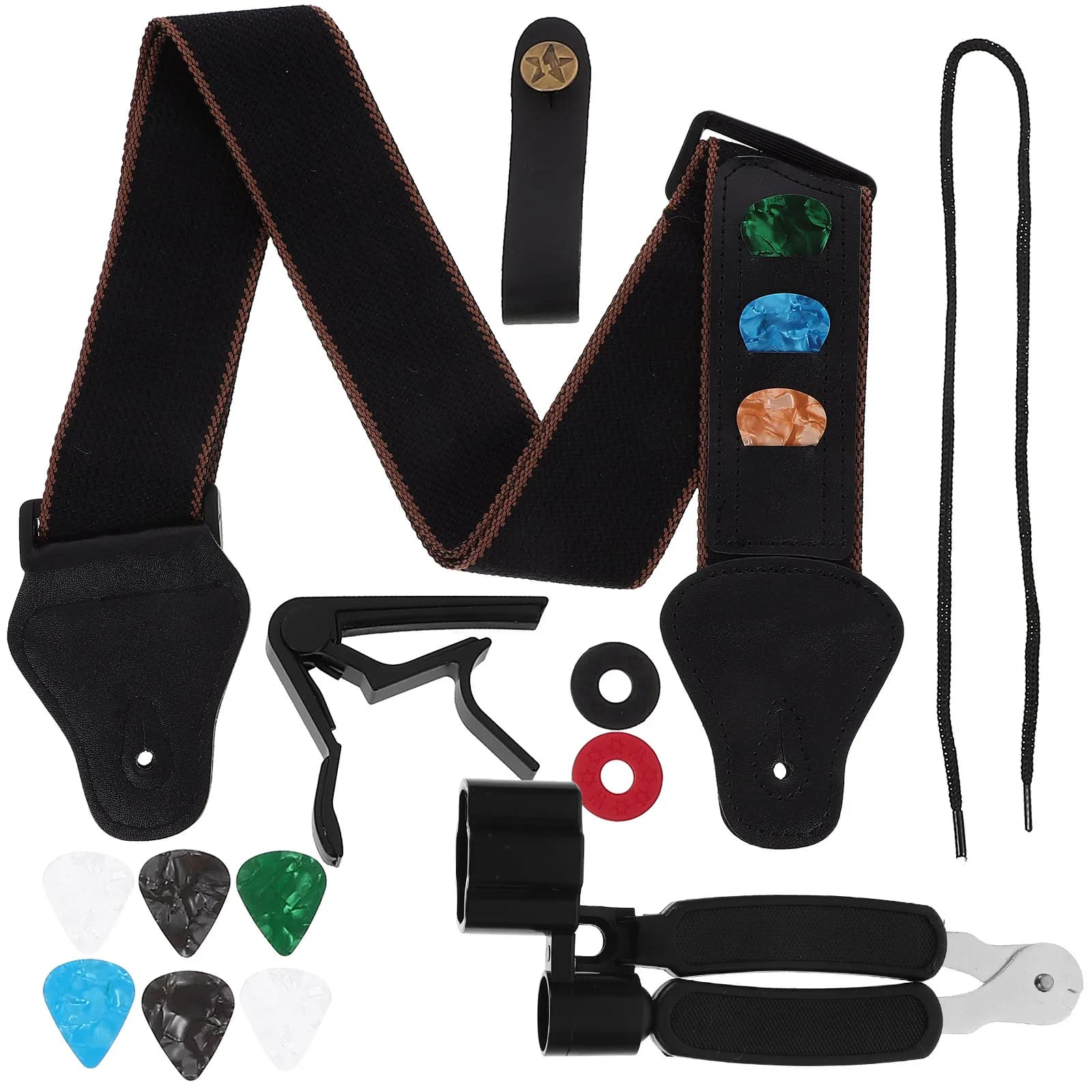 1Set Guitar Strap Set Includes Capo Picks Anti-Slip Bass Guitar Sling Comfortable Adjustable Instrument Shoulder Belt for Long