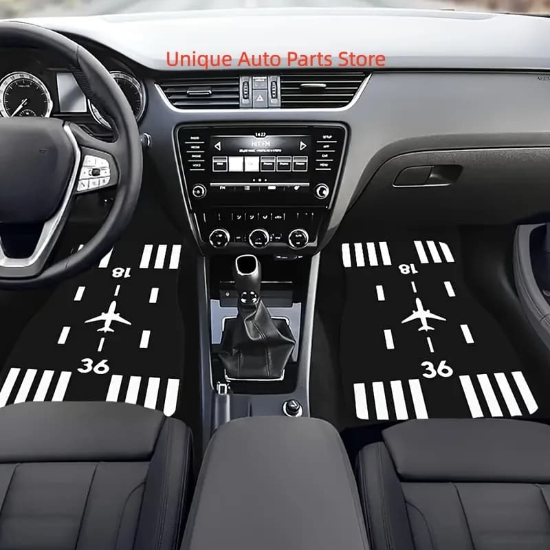 Set di 4 tappetini per auto a tema aviazione, tappetini universali per auto con design stampato con pista e aereo, in poliestere assorbente e antiscivolo