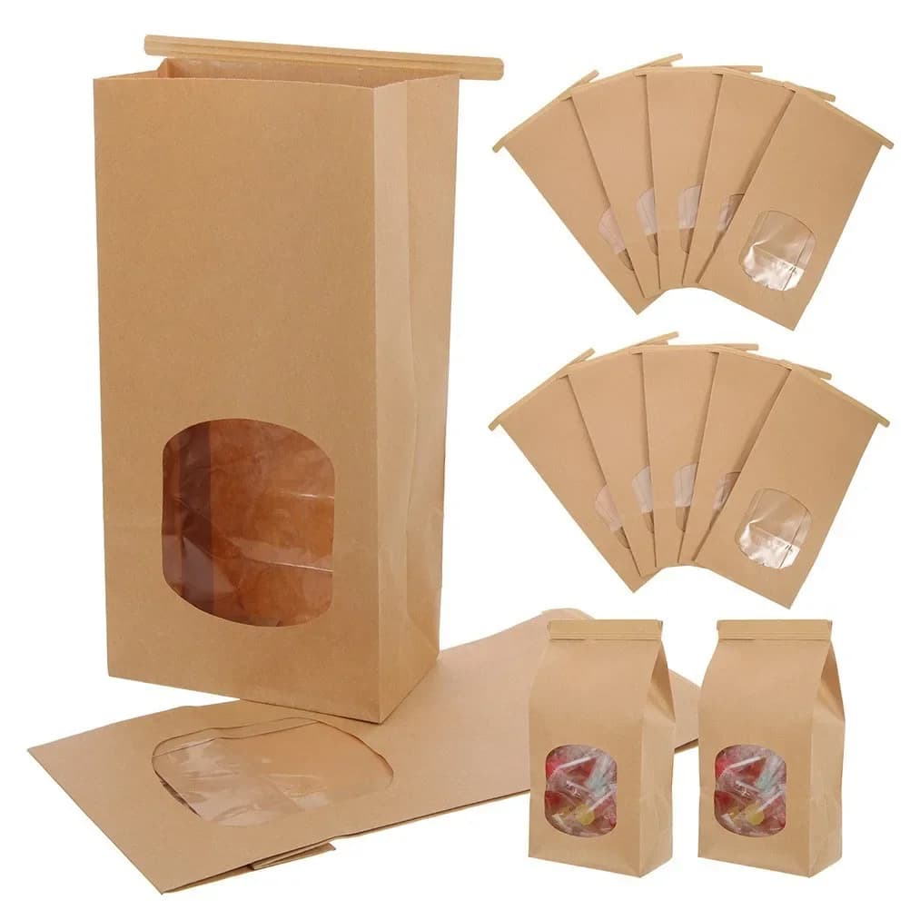 50pcs Small Bakery Cookie Bags with Window Kraft Paper Brown Tin Tie Coffee Bags for Homemade Bread Cookie Coffee Bean Snack