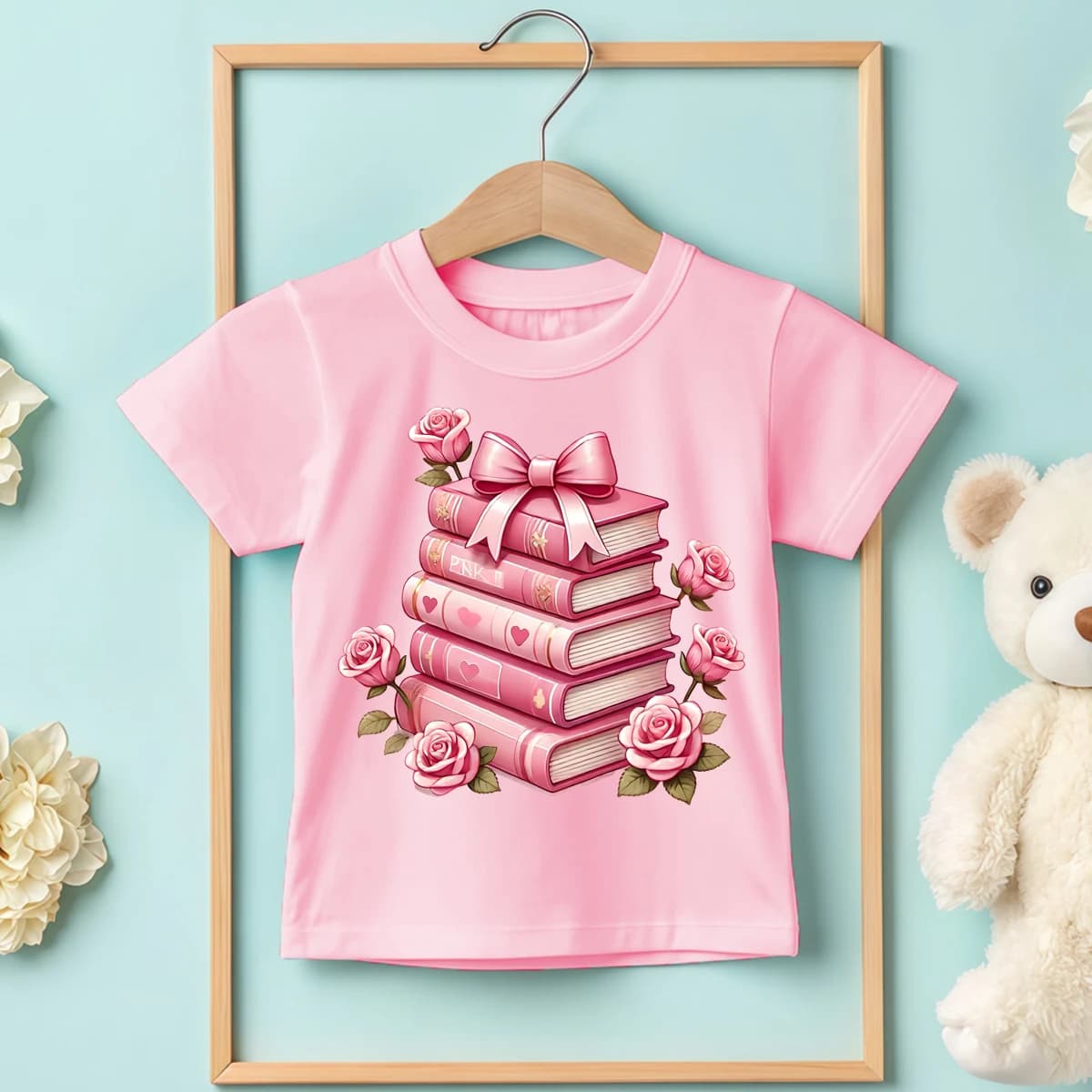 Libri in puro cotone Rosa Stampa di San Valentino Base per bambini Vestire ragazza T-shirt comoda T-shirt a maniche corte con o-collo per esterni