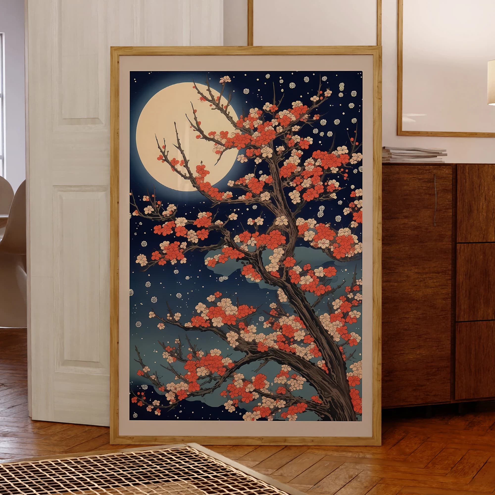Modern Moonlight Sakura Tree Wall Art Prints with Aluminum Frame Painting on Canvas Poster Image for Living Room Decorations for Home