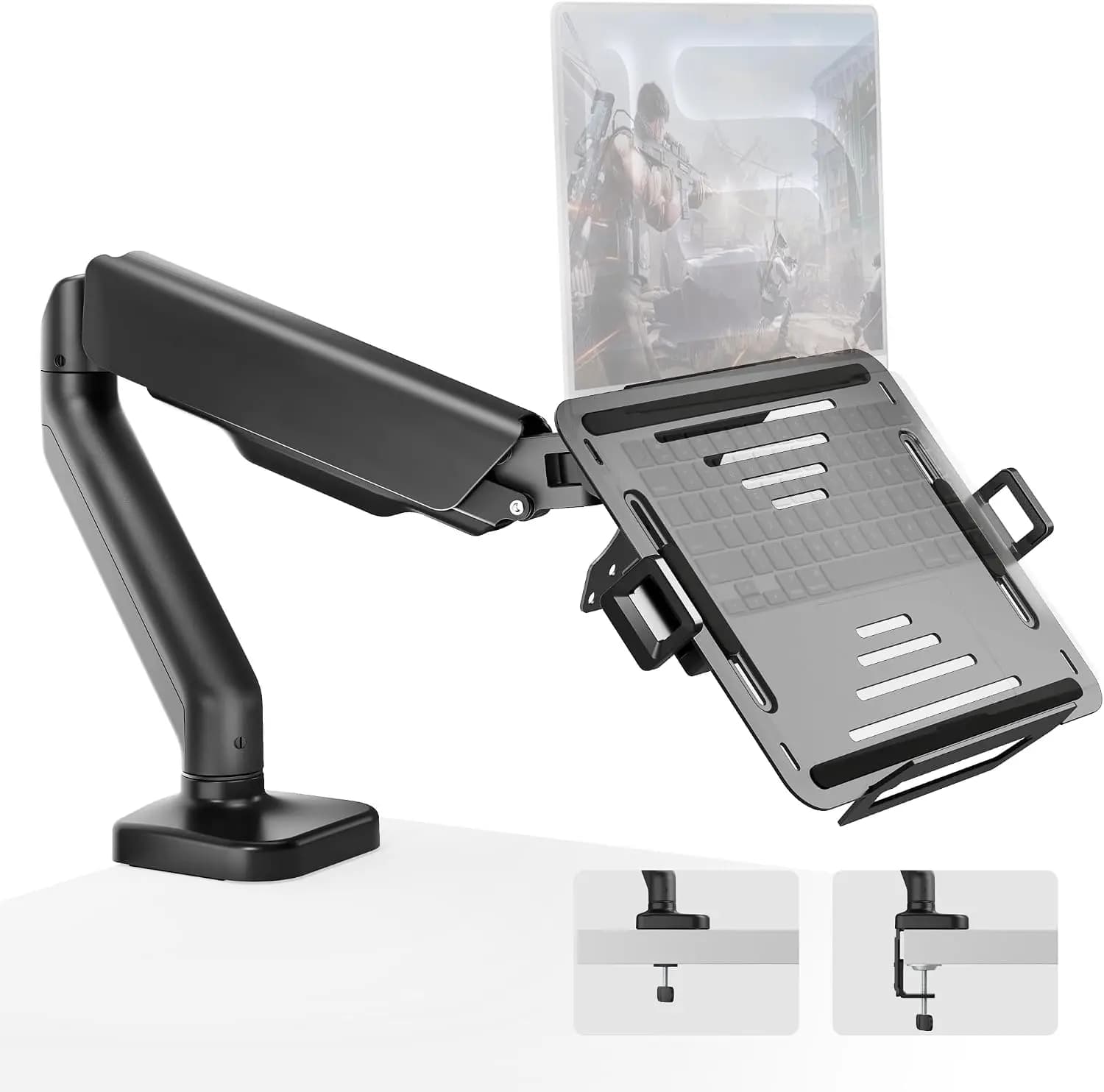 2-in-1 Laptop & Monitor Arm Mount, Adjustable Desk Stand for 18" Notebook & 32" Screen, VESA 75/100, Clamp/Grommet, Black
