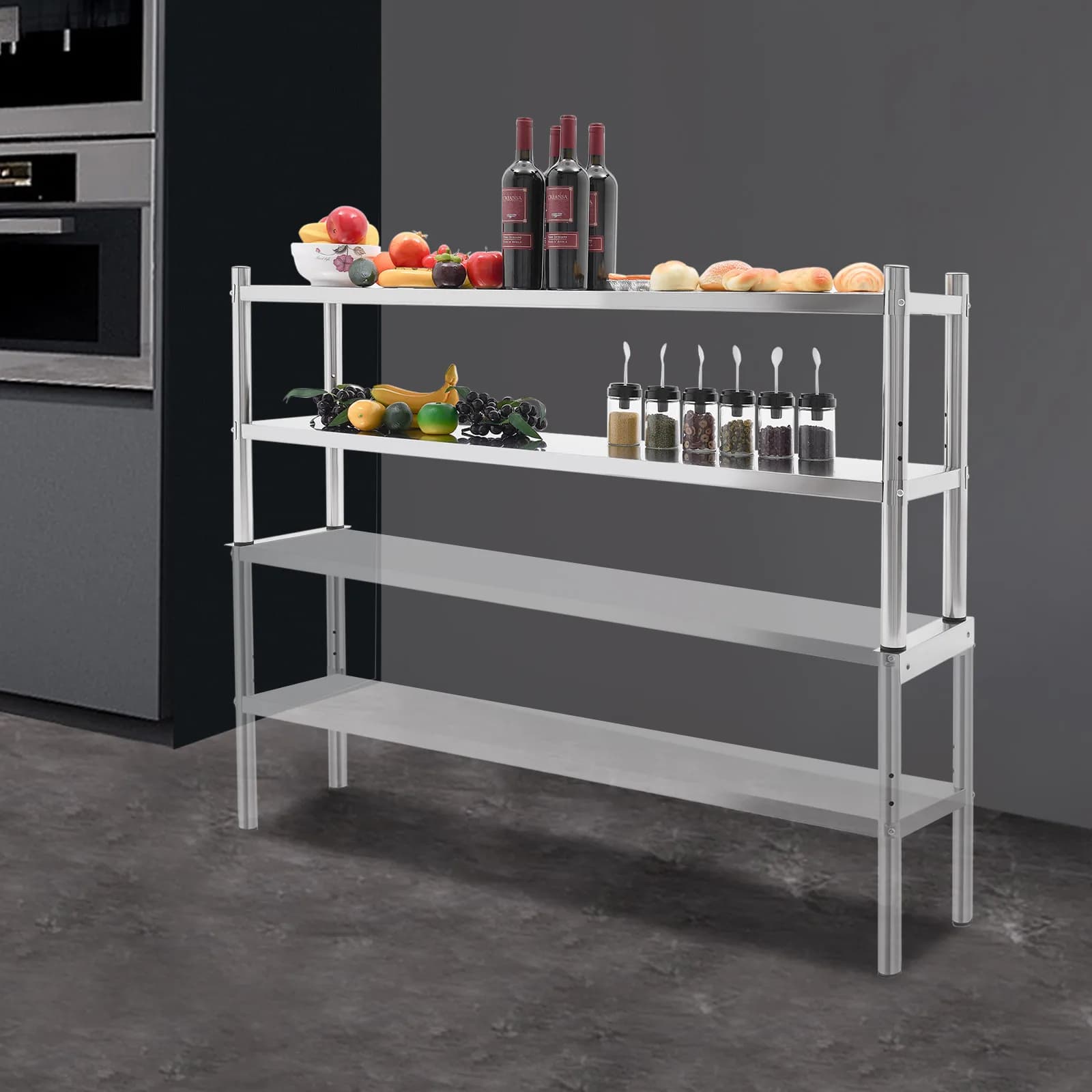 Scaffalatura a 2 livelli in acciaio inox, scaffalatura resistente in acciaio inox, tavolo da lavoro per cucina, tavolo da preparazione per cucina