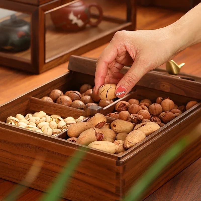 Scatola portaoggetti di lusso leggero con coperchio in legno di noce nero, vassoio multi-scomparto per frutta secca e caramelle, piatto per snack e frutta a guscio, lavorazione artigianale di pregio
