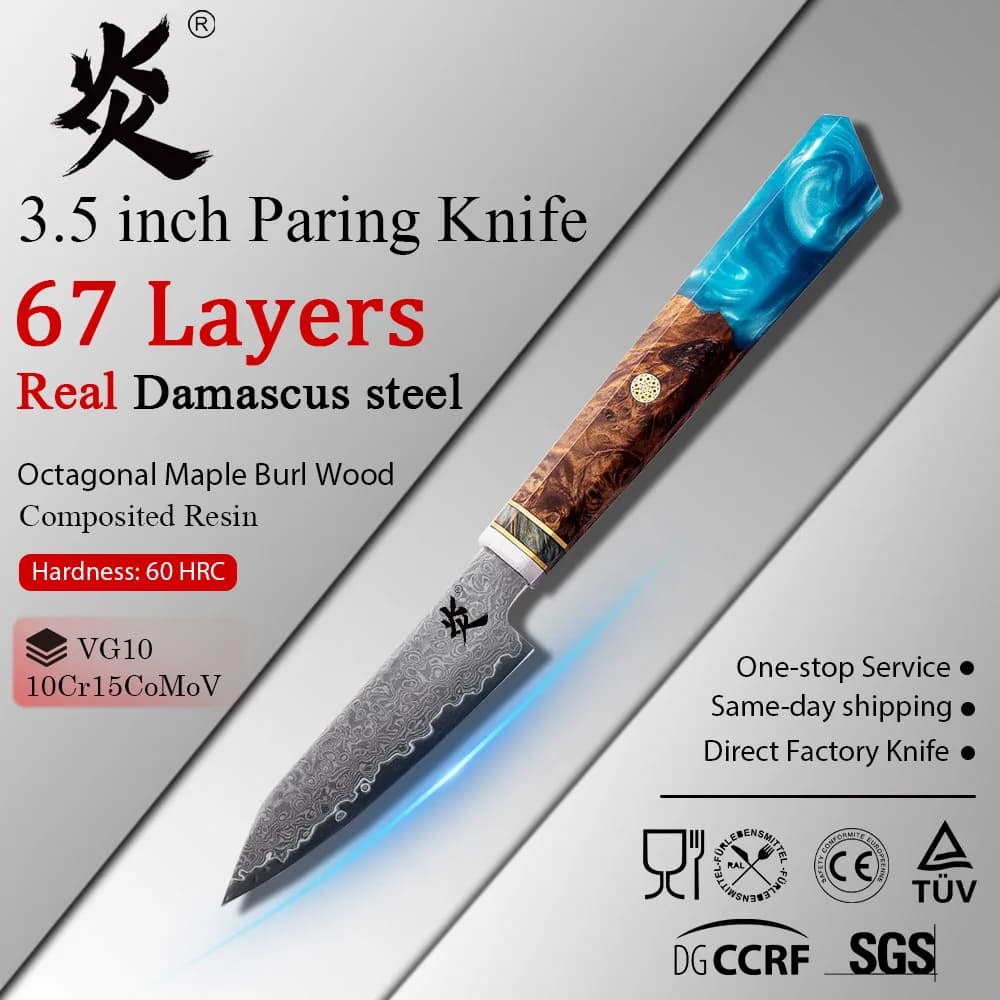 YAN Professional 3.5 inch Paring Japanese Damascus VG10 Knife chef Kitchen Knife Octagonal Maple Burl Wood Composited Resin
