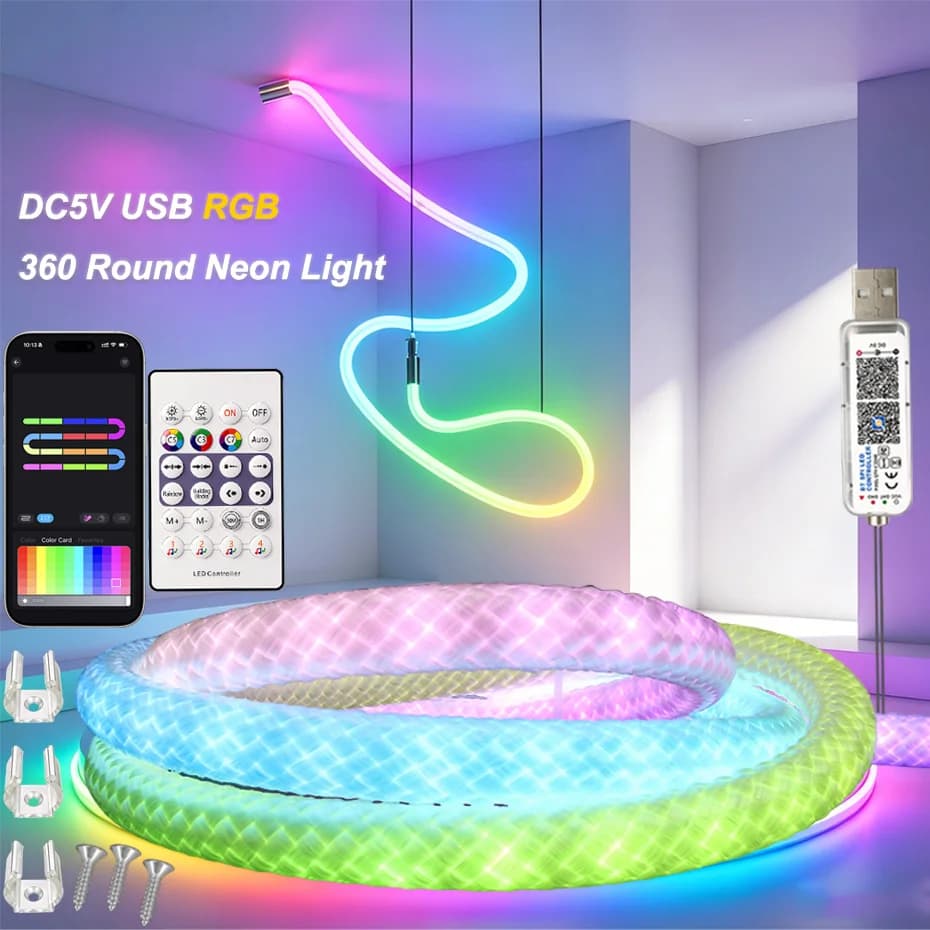 Smart 360 ° Luce al Neon Rotonda Reticolare DC5V USB RGBIC 67LED/m 1m-5m IP67 Impermeabile Flessibile con Telecomando e Sincronizzazione Musicale