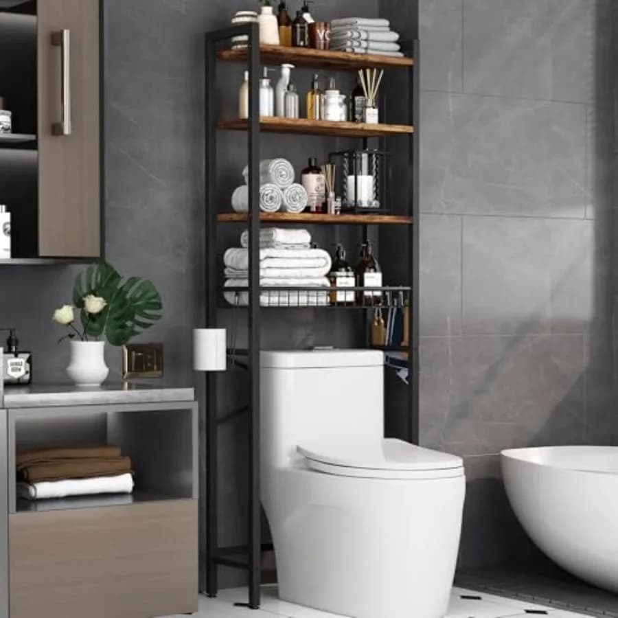 4-level bathroom shelf with adjustable shelves and basket, self-supporting storage in Vinta